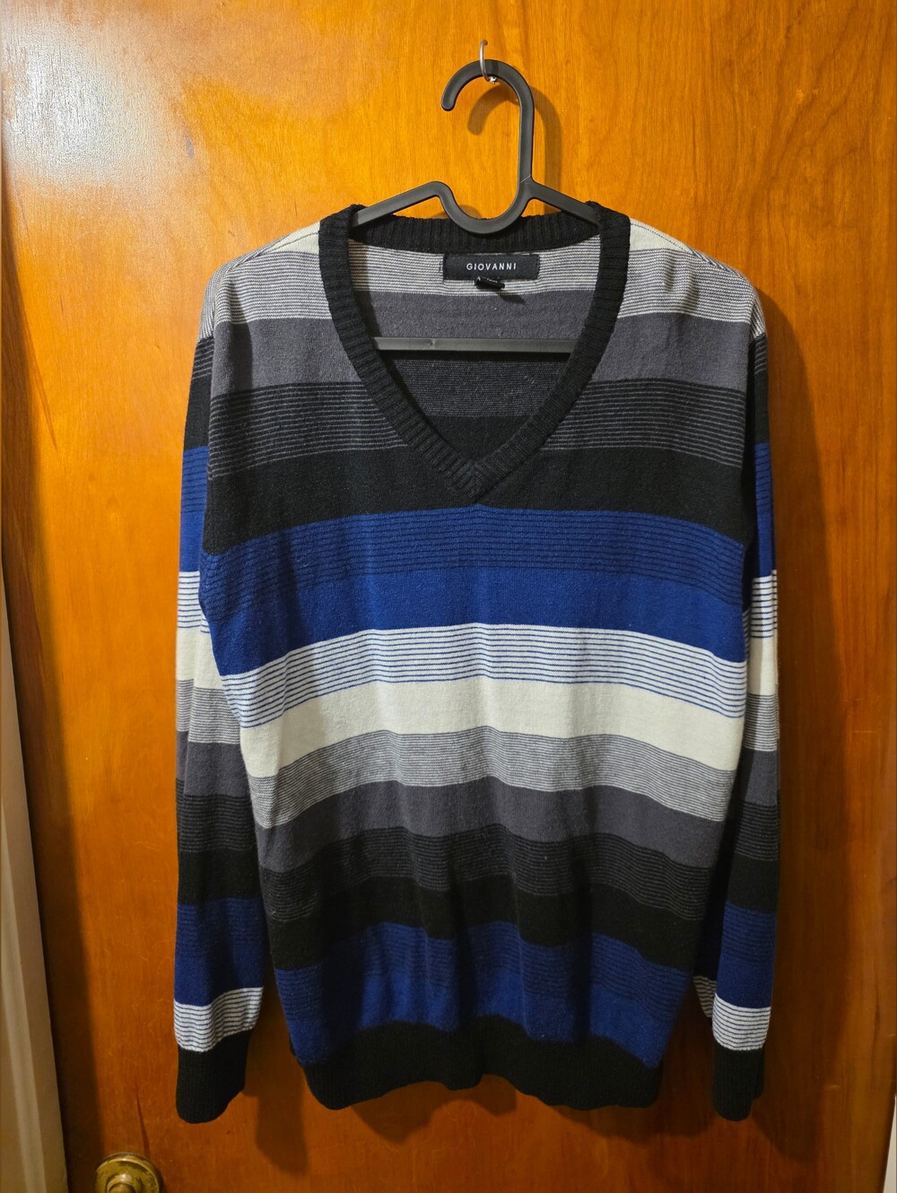 GIOVANNI Men’s V-Neck Striped Sweater - Blue, Black & Gray & White